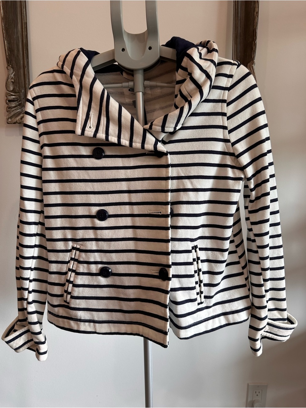 Old Navy Striped Double-Breasted Hooded Pea Coat - White & Navy